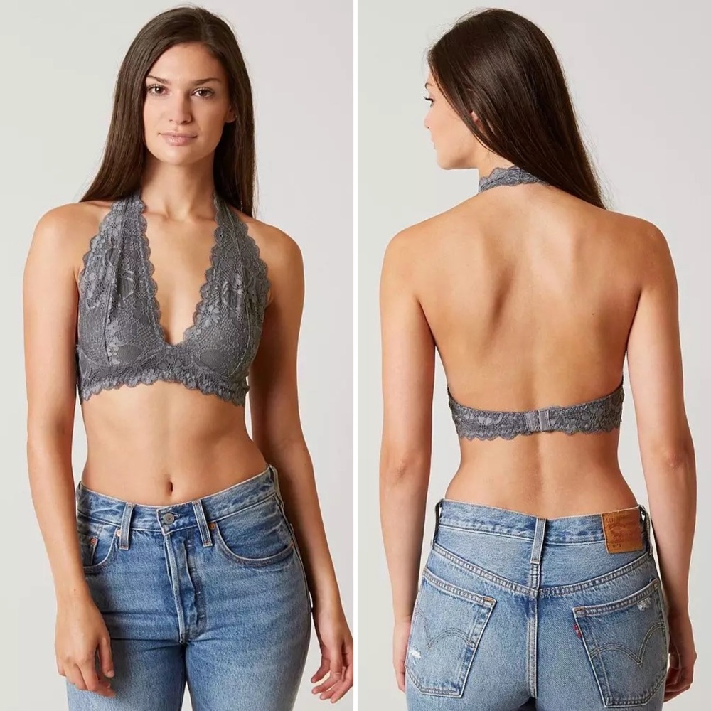 Free People Galloon Bralette lace halter bra lacy boho charcoal gray neutral